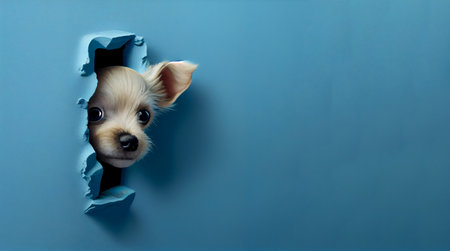 Cute puppy dog head peeking from hole in blue wall. Generative AIの素材