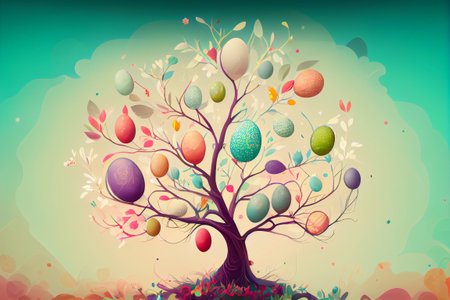 Colorful tree with Easter eggs. Festive background or card. Copy Space. Generative Aiの素材