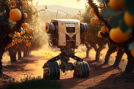 New technology in farming and agriculture. Innovatife and future robots woking in fruit orchards. Generative Aiの素材