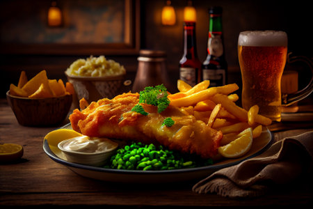 Fish and chips traditional British pub food, served on wooden board. Generative AIの素材