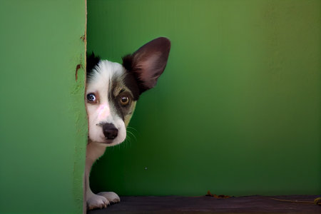 Cute puppy dog peeking from around the corner, dog head, copy space. Generative AIの素材