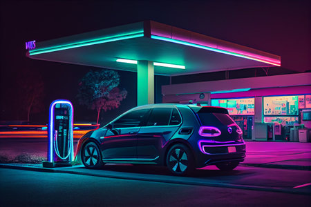 Electric car charging battery at station in the city. Future of eco travel. Generative Aiの素材