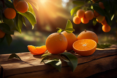 Fresh orange fruits on wooden board or table in summer garden under the tree. Generative Aiの素材