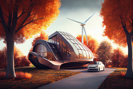 Sustainable living, green home with renewable energy. Generative AIの素材