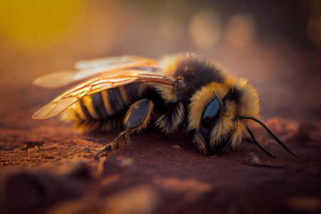 Dead honey bee laying on soil, climate change and glowal warming concept. Generative AIの素材