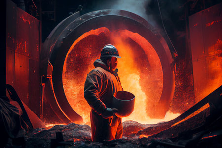 Men work at metallurgical furnace pouring smelted iron. Steel manufacturing plant. Generative Aiの素材