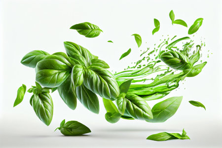 Fresh Basil herb leaves flying. Creative food and spices background. White background. Generative Aiの素材