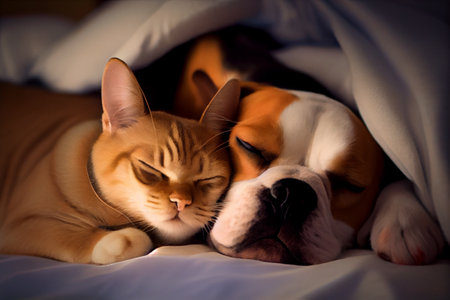Cute dog and cat sleeping together in bed under blanket. Friendship of cute pets concept. Generative AIの素材