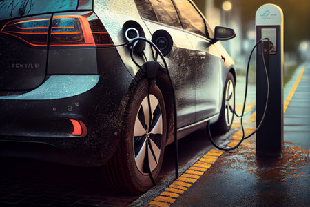 Electric car charging battery at station in the city. Future of eco travel. Generative Aiの素材