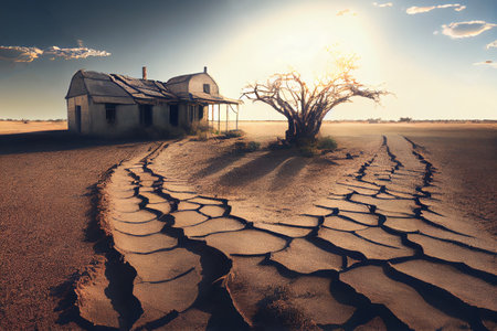 Drought on farmland with abandoned house and dry tree. Climate change and glowal warming concept. Generative Aiの素材