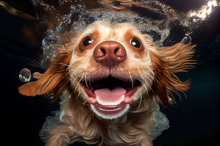 Underwater action  portrait of diving dog. Generative Aiの素材