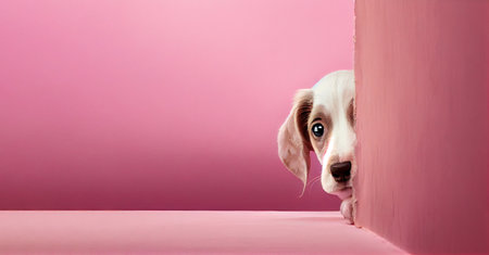 Cute puppy dog looking from around the corner, dog head, copy space. Generative AIの素材