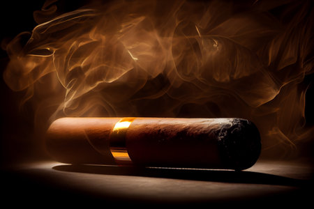 Cuban Cigar, close up view. Smoke and light. Generative Aiの素材
