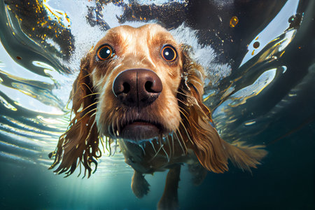 Underwater action  portrait of diving dog. Generative Aiの素材