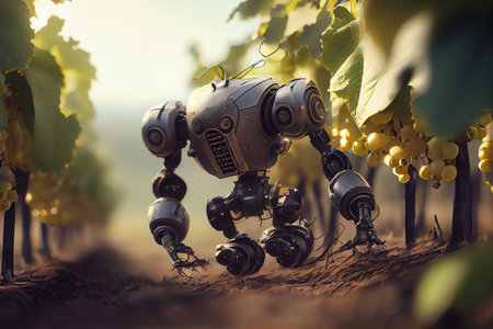 Future farming, and innovative technology in agriculture, robots working in vineyards. Generative Aiの素材