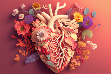 Human heart made of colorful flowers and petals on pastel background. Generative AIの素材