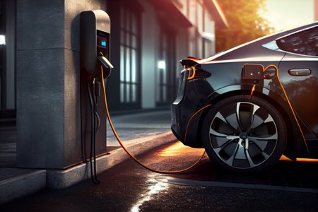 Electric car charging battery at station in the city. Future of eco travel. Generative Aiの素材