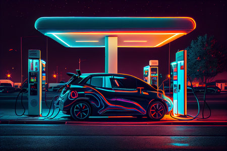 Electric car charging battery at station in the city. Future of eco travel. Generative Aiの素材