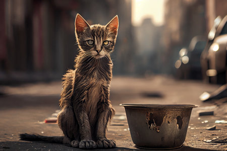 Homeless cat on street, skinny and hungry abandoned pet, Generative AI.の素材
