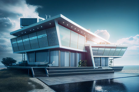 Eco friendly home by the coast. Futuristic minimal home design visualisation. generative AIの素材