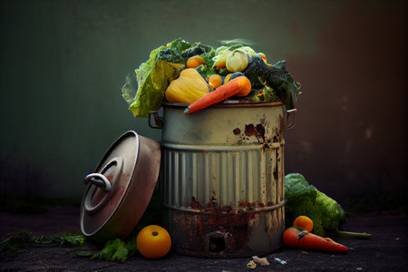 Food waste concept. Biodegradable waste in metal trash bin. Generative AIの素材