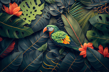 Exotic and tropical leaves with colorful bird background. Flat lay. Generative Aiの素材