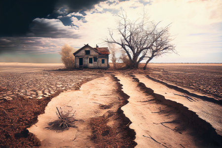 Drought on farmland with abandoned house and dry tree. Climate change and glowal warming concept. Generative Aiの素材