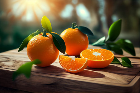 Fresh orange fruits on wooden board or table in summer garden under the tree. Generative Aiの素材