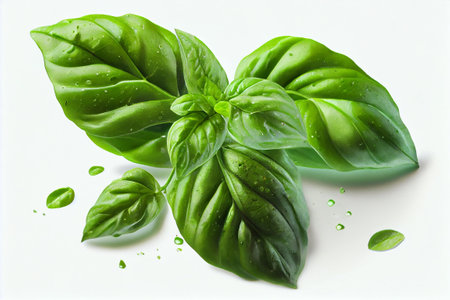 Fresh Basil herb leaves. Green seasoning plant. Close up view. White background.  Generative Aiの素材