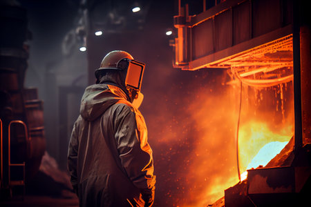 Workers at iron melting plant. Matellurgical industry. Generative AIの素材