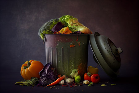 Food waste concept. trash metal bin full of vegetables waste. Generative AIの素材