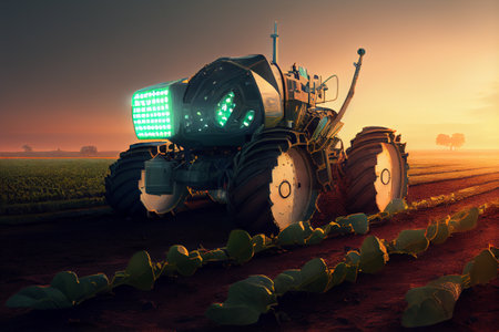 Future farming, innovative technology working in crop fields. Automation of agriculture. Generative Aiの素材