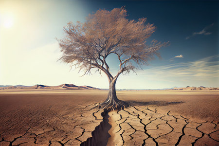 Dry lonely tree on cracked soil in sun heat. Climate change and global warming concept. Generative AIの素材