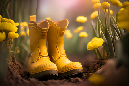 Gardener yellow boots in cottage flowers garden, spring background, generative AIの素材