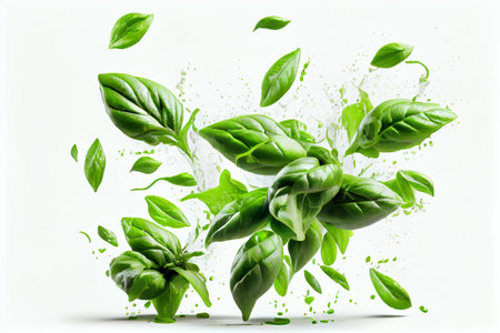Fresh Basil herb leaves flying. Creative food and spices background. White background. Generative Aiの素材