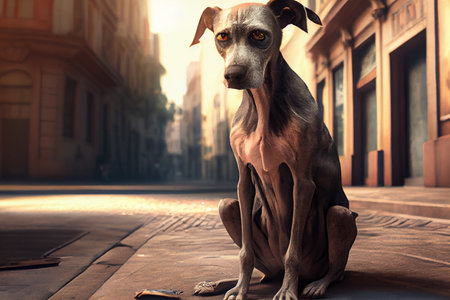 Abandoned dog on street, hungry and dirty homeless pet, Generative AIの素材
