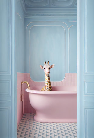 Cute giraffe in bathtube, creative art, pastel colors. Generative AI.の素材