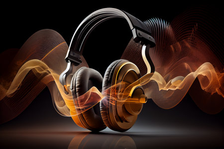 Studio headphones with sound wave in background. generative Aiの素材