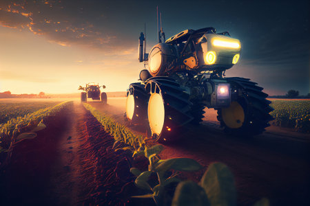Future farming, innovative technology working in crop fields. Automation of agriculture. Generative Aiの素材