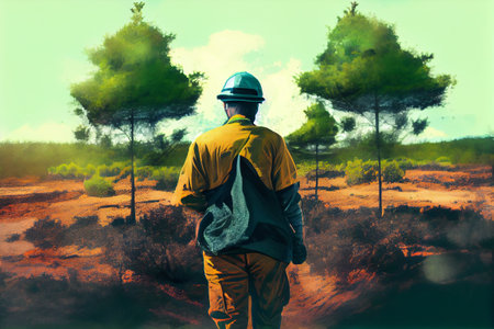 Planting young trees in new forest. Ecology activity concept. Generative AIの素材