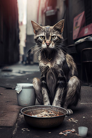 Stray sad and hungry cat on city street, abandoned homeless pet, generative AIの素材