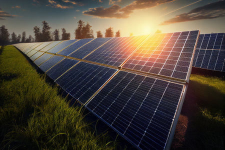 Solar panels close up view. Green energy, photovoltaic farm. generative Aiの素材