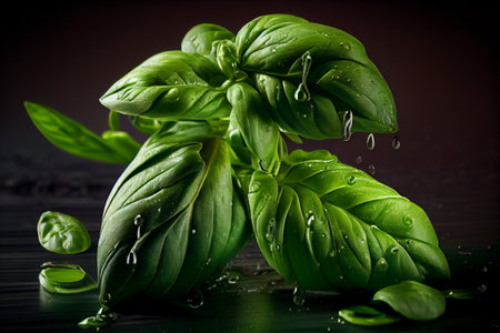 Fresh Basil herb leaves. Green seasoning plant. Close up view. Generative Aiの素材