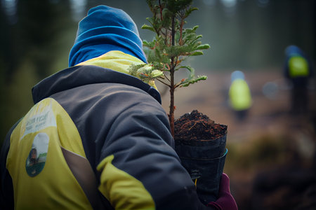 Planting young trees in new forest. Ecology activity concept. Generative AIの素材
