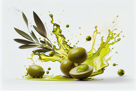 Whole fresh olives with leaves and olive oil splash on white background. Generative AIの素材