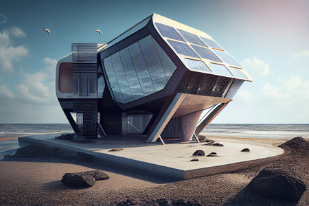 Eco friendly home by the seaside. Futuristic minimal home design visualisation. generative AIの素材