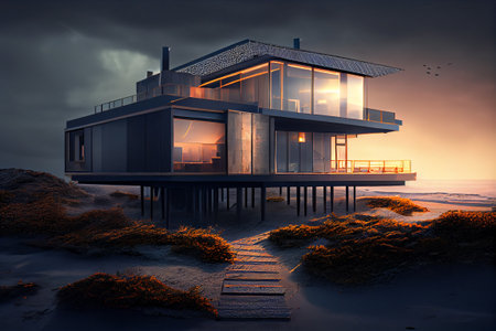Eco friendly home by the coast. Futuristic minimal home design visualisation. generative AIの素材