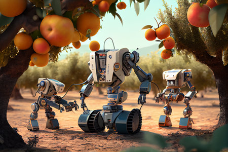 New technology in farming and agriculture. Innovatife and future robots woking in fruit orchards. Generative Aiの素材