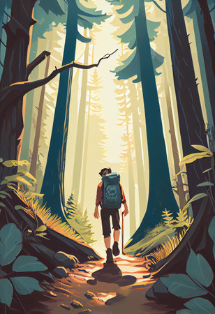 Backpacker walking trough woods, poster style, generative aiの素材