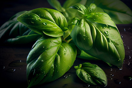 Fresh Basil herb leaves. Green seasoning plant. Close up view. Generative Aiの素材
